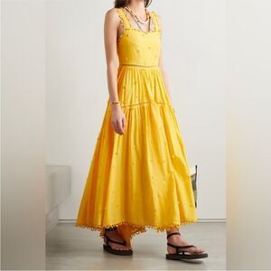 Farm Rio Yellow 3D Flowers Cotton Maxi Dress Crochet Embroidery Size M